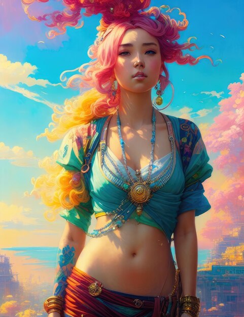 A woman with pink hair and blue top stands in front of a painting of a cloudy sky.