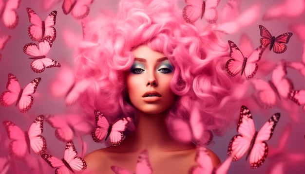 A woman with pink hair and butterflies on her head