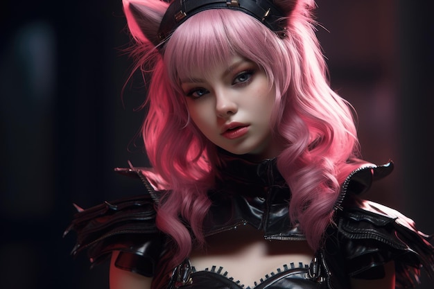 A woman with pink hair and cat ears