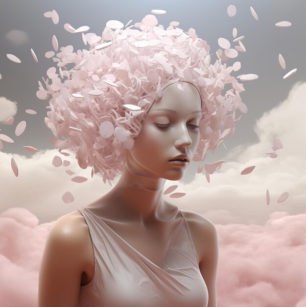 A woman with pink hair and a cloudy sky behind her