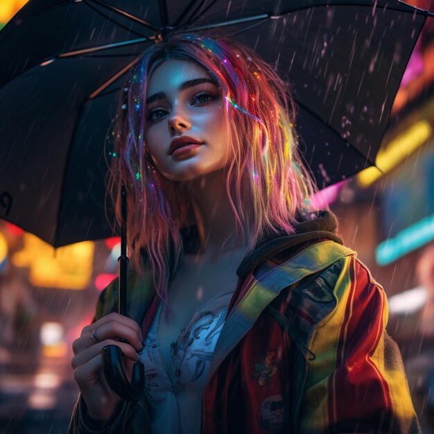 woman with pink hair and a colorful jacket holding an umbrella generative ai
