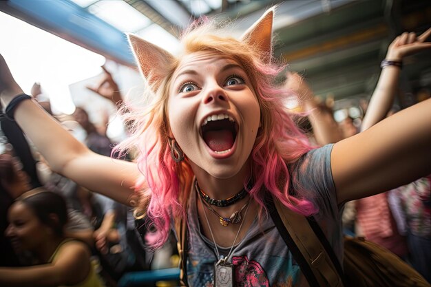 a woman with pink hair and ears and mouth open