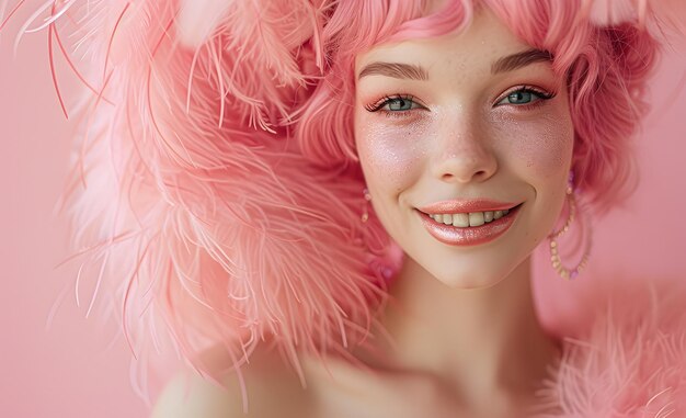 A woman with pink hair and feather accessories