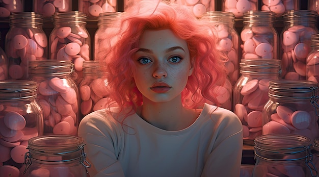 a woman with pink hair in front of jars of candy