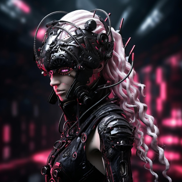 a woman with pink hair in a futuristic outfit