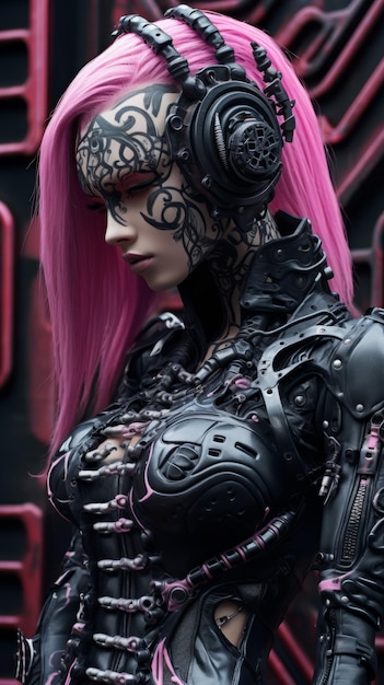 a woman with pink hair in a futuristic outfit