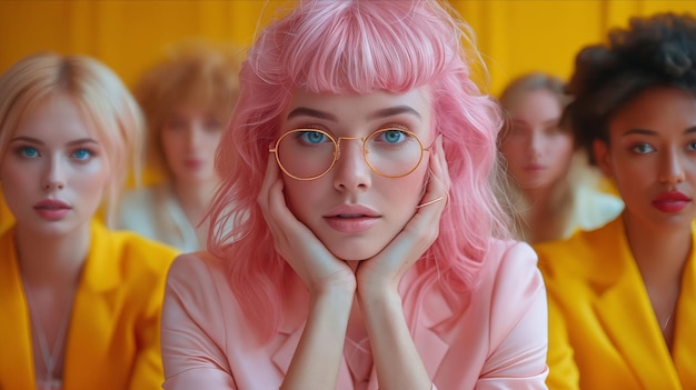 A woman with pink hair and glasses in front of a group of people