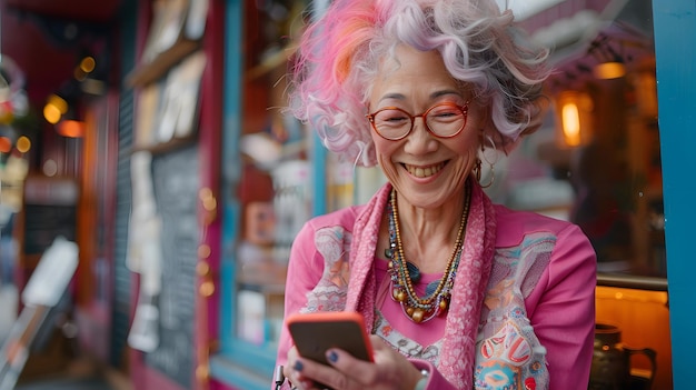 Foto donna con i capelli rosa e gli occhiali che usa l'ai generativa del cellulare