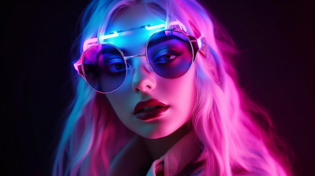 A woman with pink hair and glasses with neon lights on it