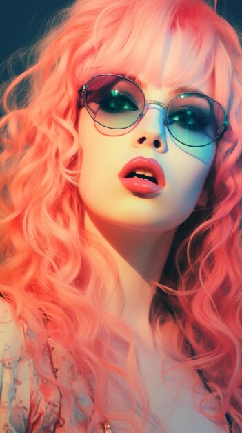 a woman with pink hair and glasses