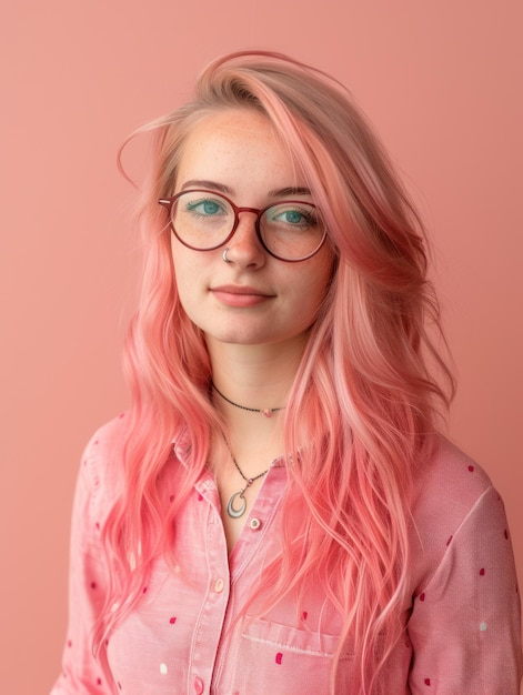 Foto una donna con i capelli rosa e gli occhiali