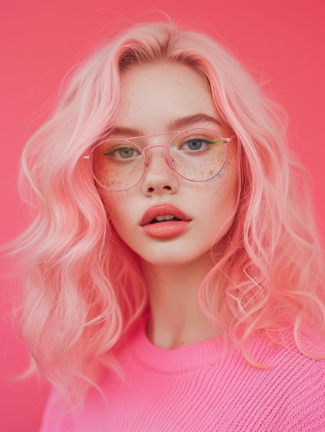 женщина с розовыми волосами и очками