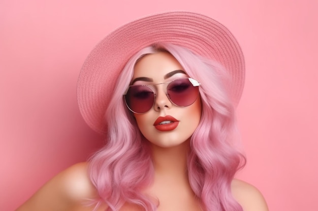 A woman with pink hair and a hat on a pink background