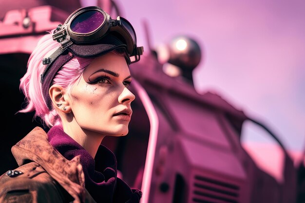 A woman with pink hair and a hat stands in front of a tank.