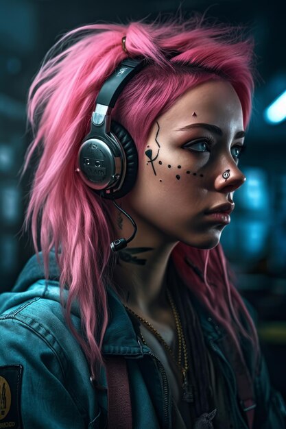 ピンクの髪とヘッドフォンを顔の前に持つ女性