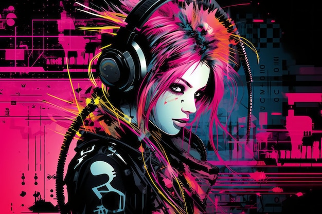 a woman with pink hair and headphones in front of a colorful background