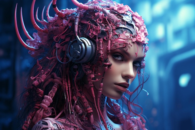 a woman with pink hair and headphones