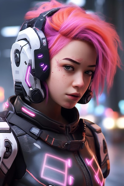 A woman with pink hair and a helmet