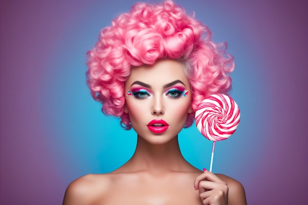 Woman with pink hair holding lollipop Generative AI