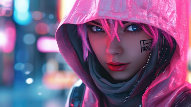 A woman with pink hair and a hood