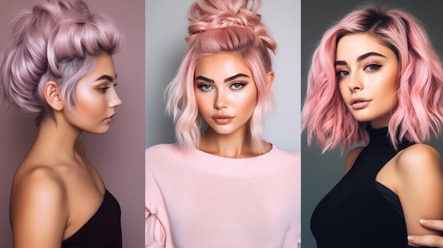 A woman with pink hair is featured in a collage.