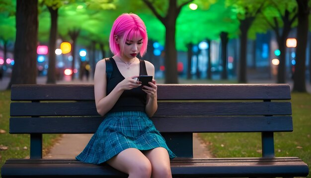 a woman with pink hair is sitting on a park bench texting on her cell phone