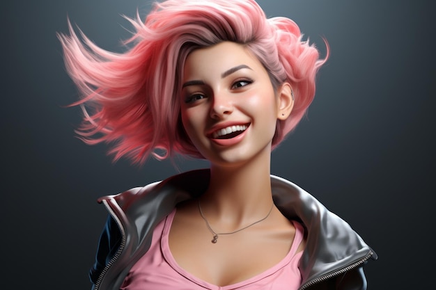 a woman with pink hair is smiling