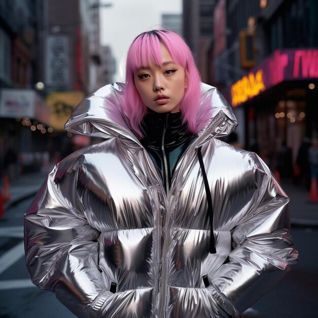 a woman with pink hair is wearing a silver jacket with a pink hair.