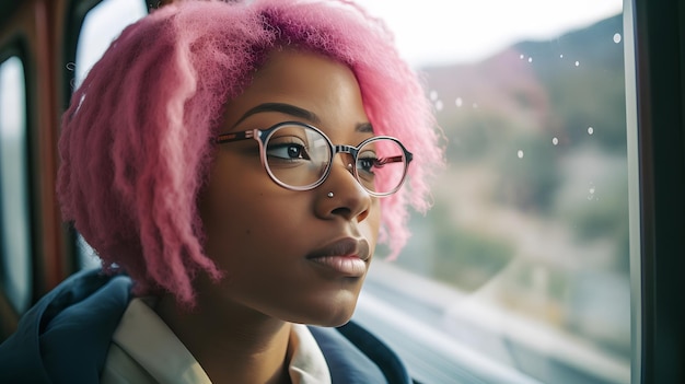 A woman with pink hair looks out a window.