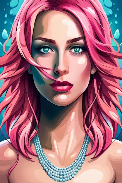 ピンクの髪とネックレスの女性
