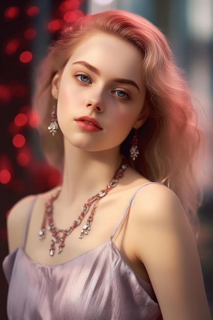 A woman with pink hair and a necklace