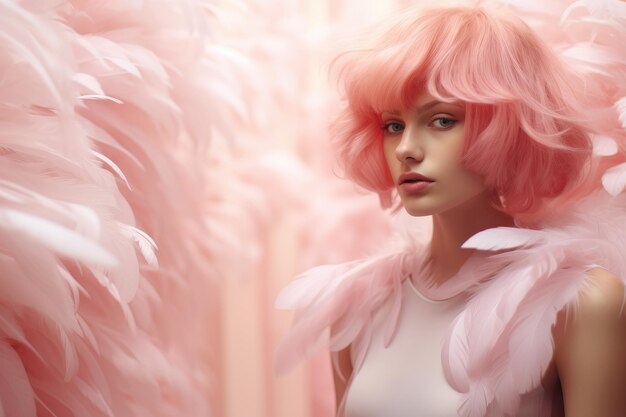 женщина с розовыми волосами и розовыми перьями