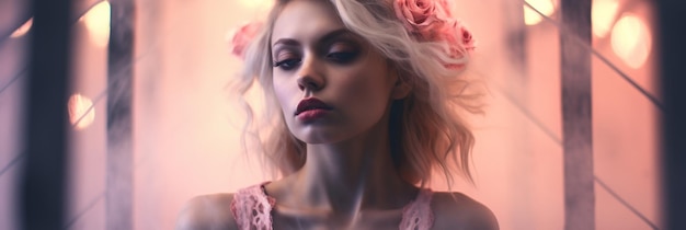 Photo a woman with pink hair and a pink flower in her hair.