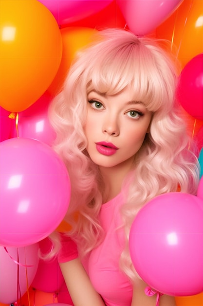 A woman with pink hair and pink hair stands among balloons.