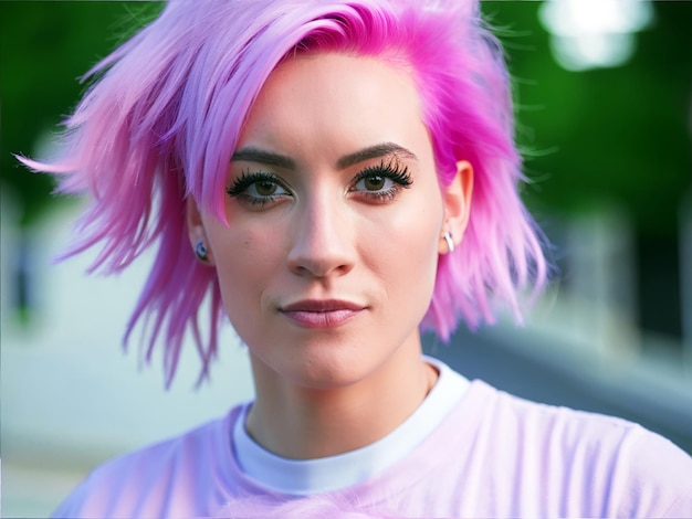 A woman with pink hair and a pink hair and a white shirt is looking at the camera