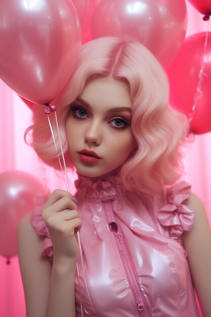 a woman with pink hair and pink lipstick holding a pink balloon