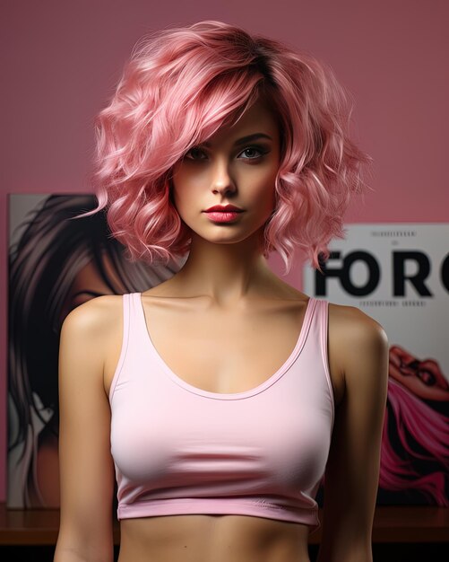 Photo a woman with pink hair and a pink shirt is standing in front of a poster that says  for  for sale