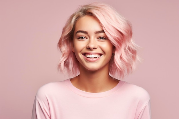 ピンクの髪とピンクのシャツを着た女性がカメラに向かって微笑んでいます。