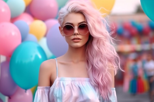 A woman with pink hair and pink sunglasses stands in front of balloons.