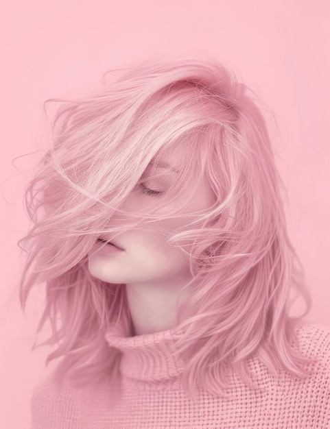 Foto una donna con i capelli rosa e un maglione rosa sulla testa