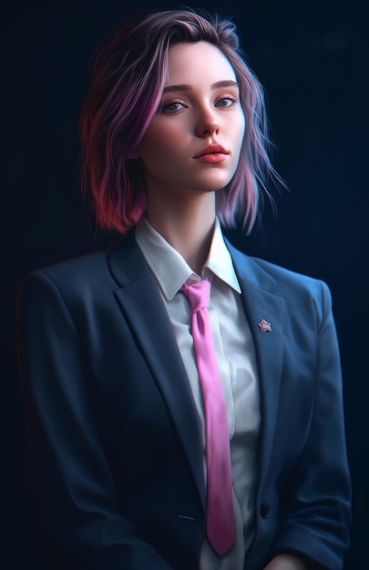 A woman with pink hair and a pink tie stands in a dark room.