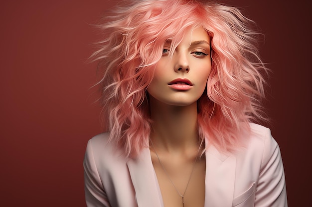 Foto donna con i capelli rosa posa per la foto