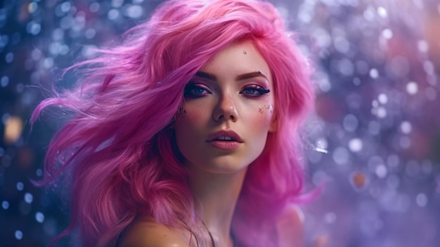 A woman with pink hair and purple eyes looks into the distance.