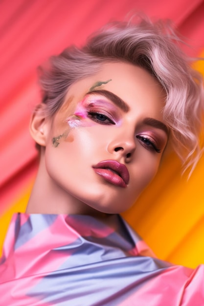 ピンクの髪と虹の背景を持つ女性