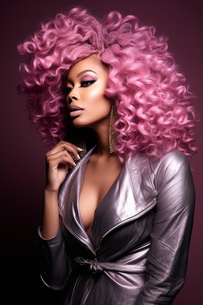 A woman with pink hair and a silver dress