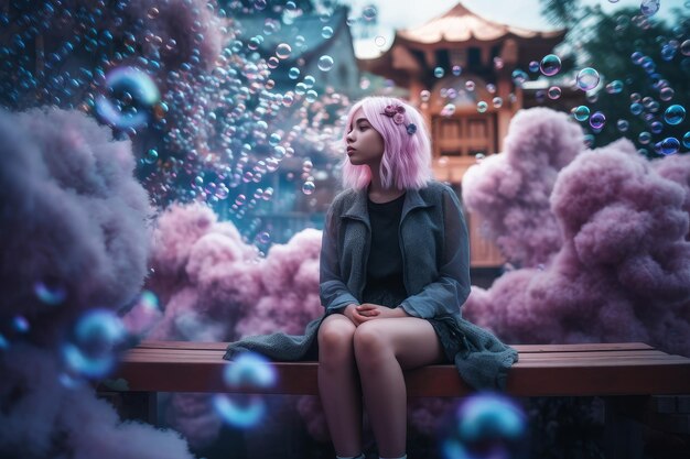 A woman with pink hair sits on a bench surrounded by clouds of pink cotton candy.