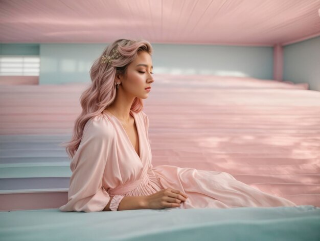 женщина с розовыми волосами, сидящая на кровати в комнате с лестницей