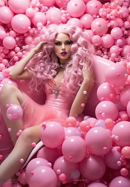 Foto una donna con i capelli rosa seduta al centro dei palloncini e con la mano al suo viso mentre guarda la telecamera