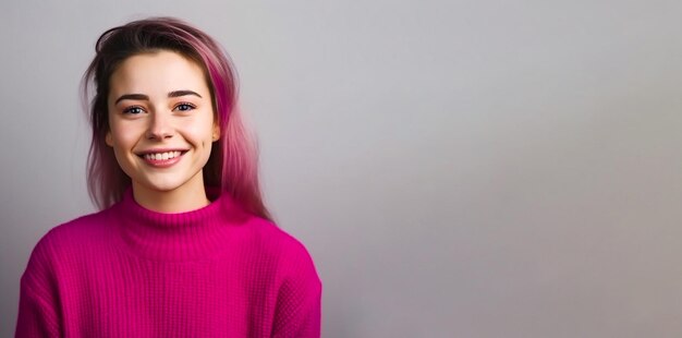 A woman with pink hair smiles for the camera