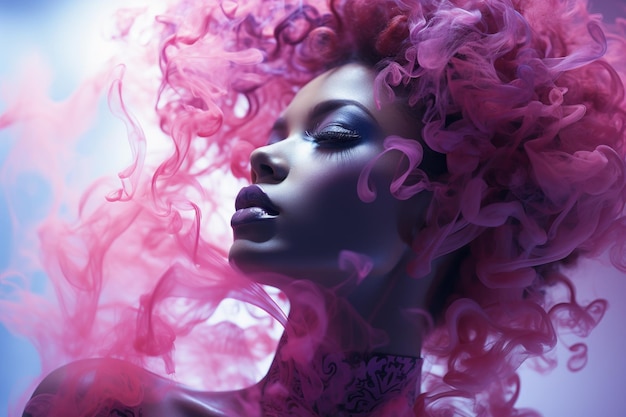a woman with pink hair and smoke in her hair